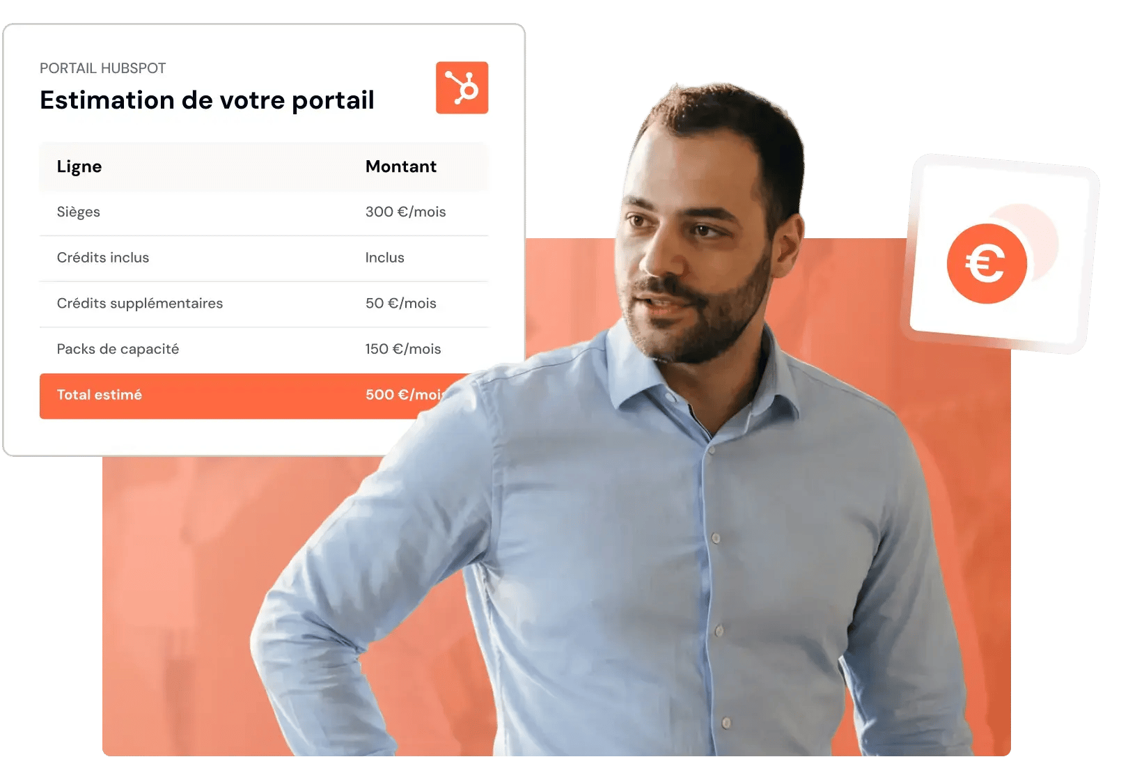 Homme à côté d'une interface d'estimation de prix pour un portail HubSpot, détaillant les coûts mensuels des sièges, des crédits supplémentaires et des packs de capacité.