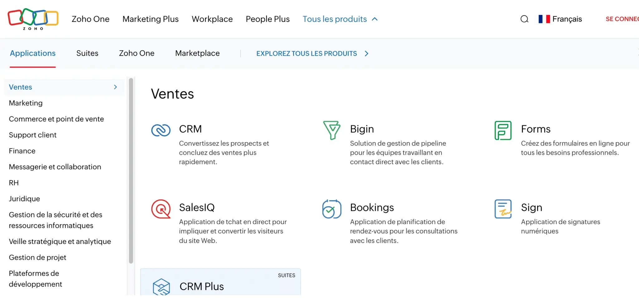 Page des applications Ventes Zoho CRM 