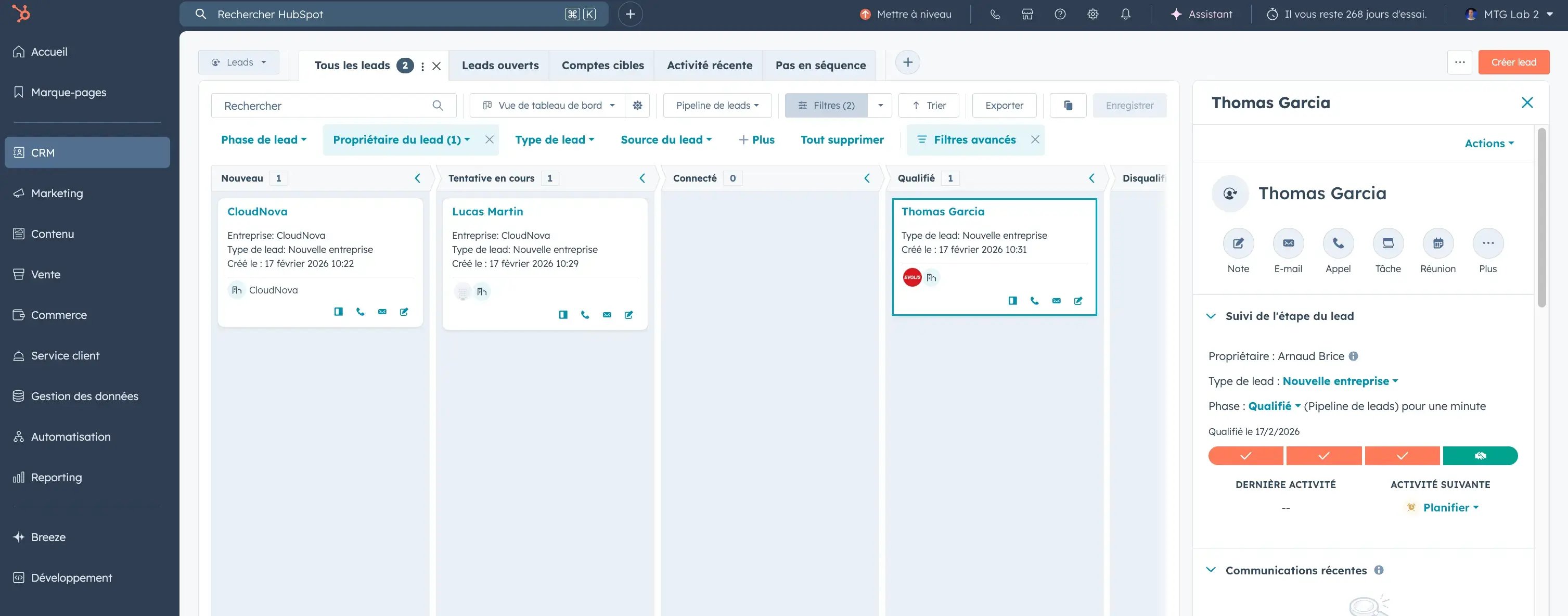 Pipeline de leads en vue colonnes