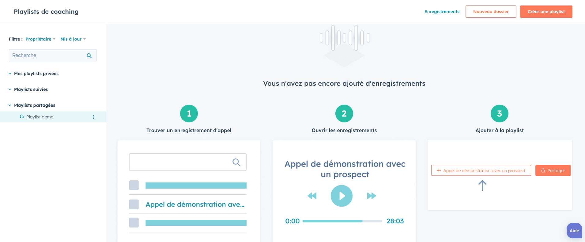 Capture d'écran du nouvel outil playlist de coaching sur HubSpot.