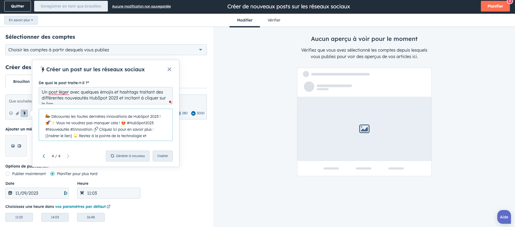 Capture d'écran de l'outil de génération de contenu intelligent pour les réseaux sociaux sur HubSpot.