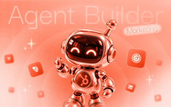 Un robot en 3D avec le logo HubSpot sur le ventre. En arrière-plan, le mot 