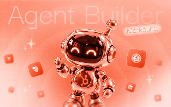 Un robot en 3D avec le logo HubSpot sur le ventre. En arrière-plan, le mot 