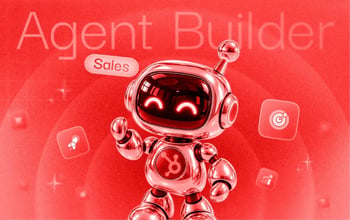 Illustration d'un petit robot métallique souriant avec le logo HubSpot sur le torse, sur un fond rouge affichant le texte 'Agent Builder Sales' et des icônes flottantes représentant une fusée, une cible et un graphique de croissance.