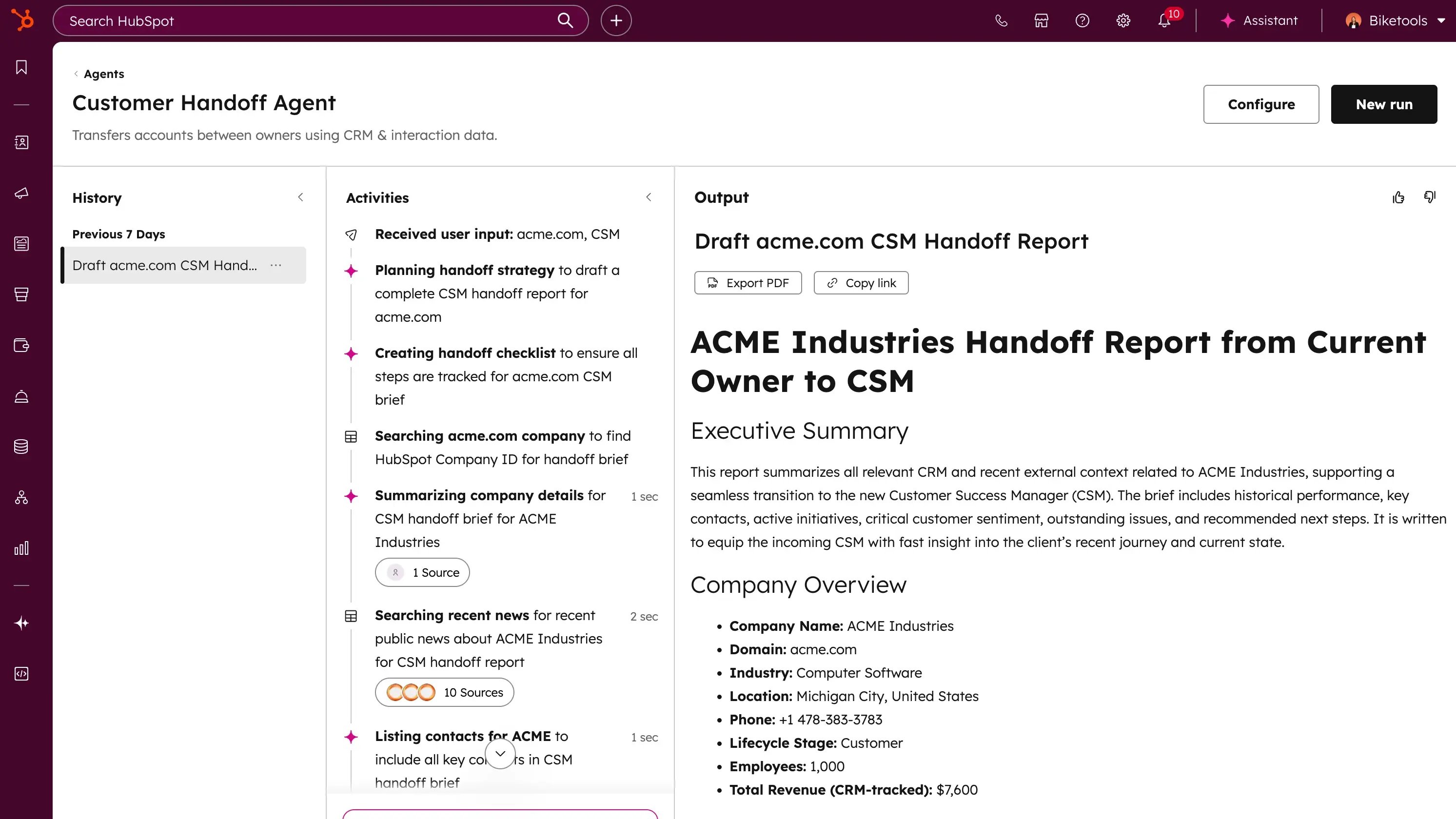 Page d'accueil de l'agent Customer Handoff avec un exemple d'une passation.