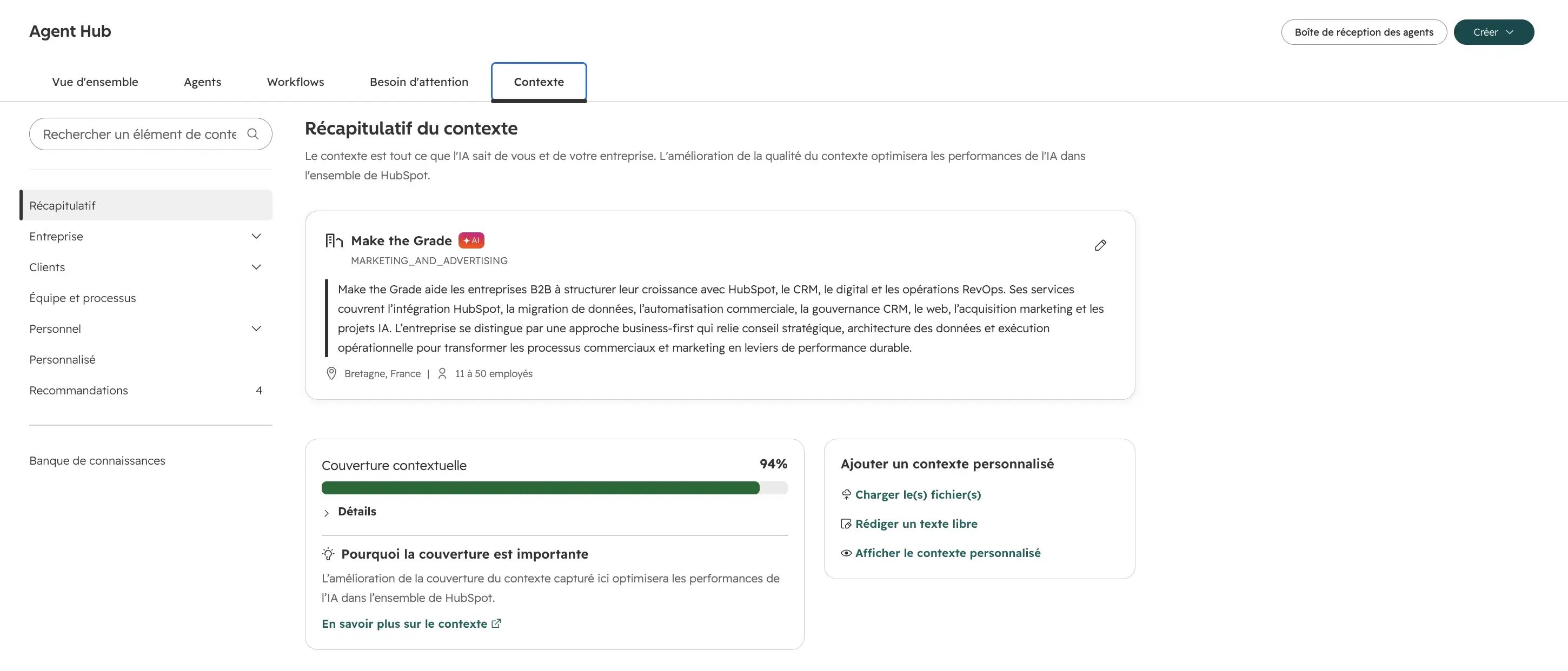 L'onglet "Contexte" de l'Agent Hub, avec l'exemple de Make the Grade.