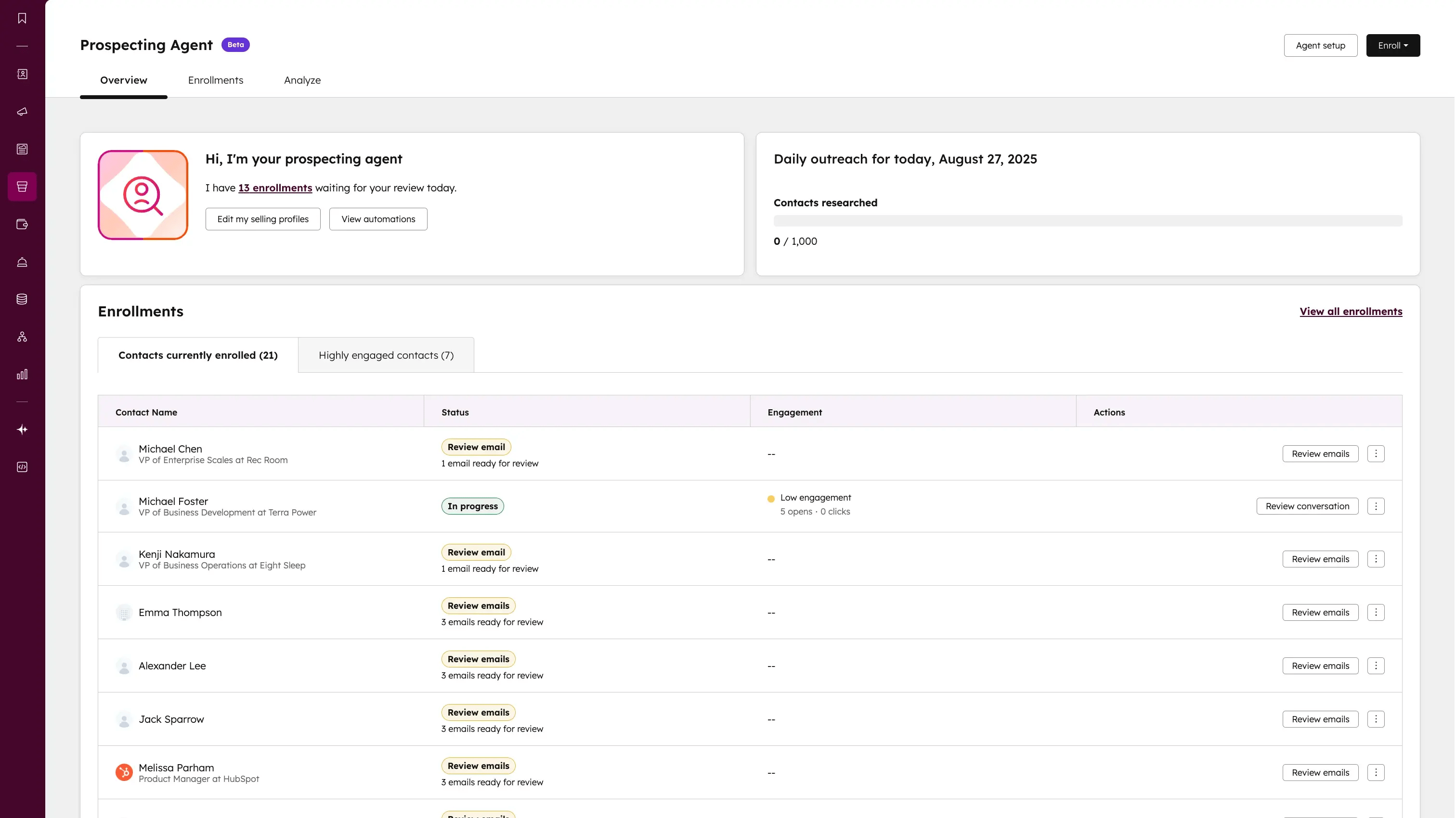 Page d'accueil de l'agent de prospection HubSpot
