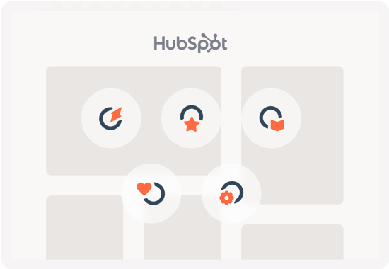 Illustration des logos de l'ensemble des Hub du CRM HubSpot