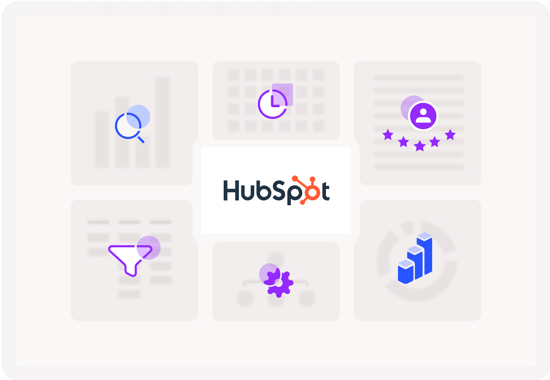 Illustration d'icônes représentant des outils d'automatisation commerciale avec le logo HubSpot au centre.