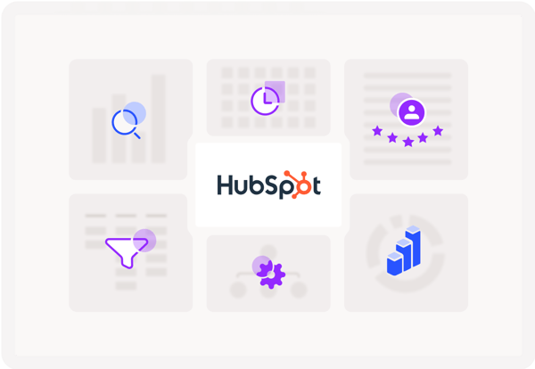 Illustration d'icônes représentant des outils d'automatisation commerciale avec le logo HubSpot au centre.