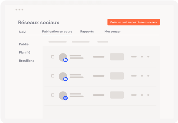 Illustration fictive d'un tableau de suivi de posts réseaux sociaux sur le logiciel HubSpot