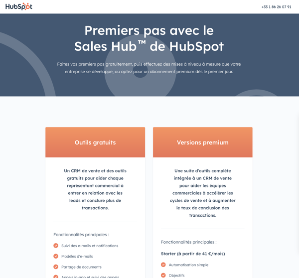 Capture d'écran de la page de l'offre premium du Hub Sales de HubSpot