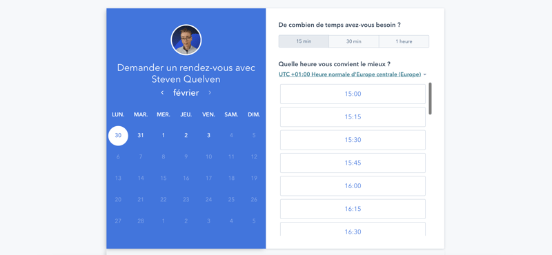 Capture d'écran d'un agenda de prise de rendez-vous d'un commercial sur le CRM HubSpot