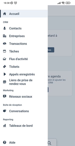 Capture d'écran du menu de l'application CRM Mobile HubSpot