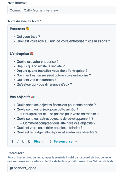 Capture d'écran d'un bloc de texte pour une trame de connect call sur le CRM HubSpot