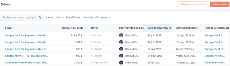 Capture d'écran d'une bibliothèque de produits du CRM HubSpot