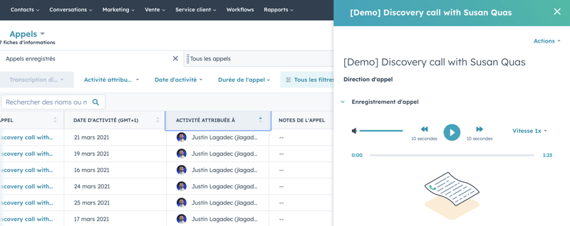 Capture d'écran de la fonctionnalité Appels du CRM HubSpot avec un enregistrement d'appel de démo
