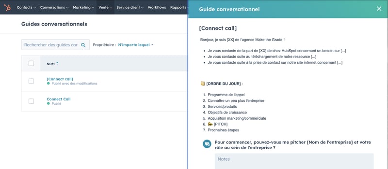 Capture d'écran d'un guide conversationnel de connect call sur le CRM HubSpot