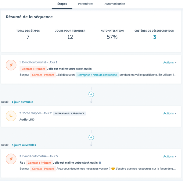 Capture d'écran d'une séquence automatisée sur le CRM HubSpot