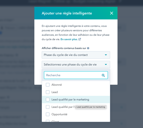 Capture d'écran de l'ajout d'une règle intelligente sur le CRM HubSpot