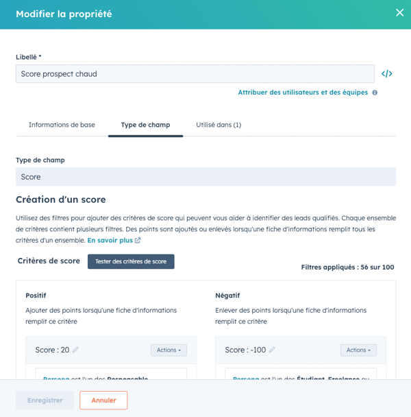 Capture d'écran d'une propriété de lead scoring sur le CRM HubSpot