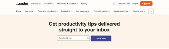 Capture d'écran du bloc d'inscription à la newsletter de Zapier sur le site internet