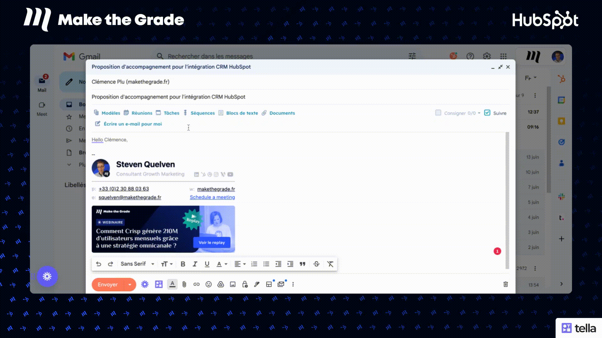 GIF montrant la construction d'un email commercial grâce à l'IA dans HubSpot