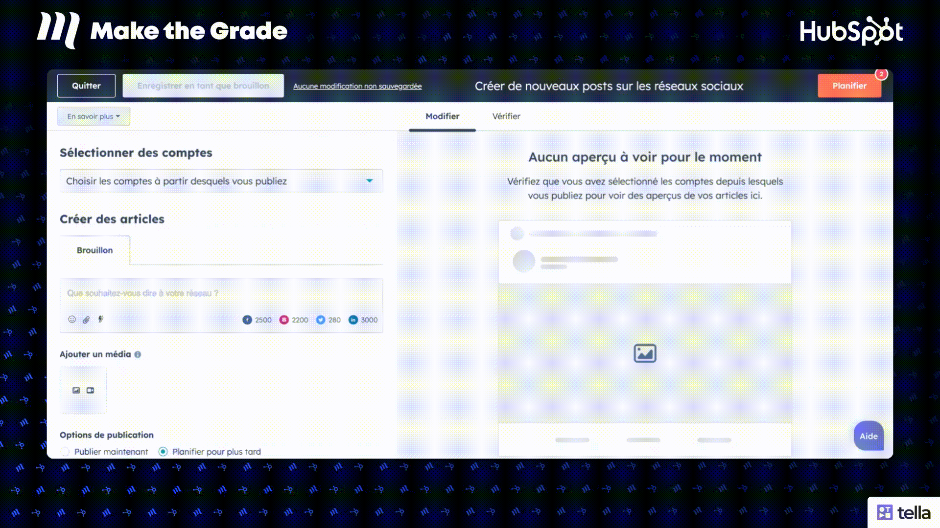 GIF montrant la rédaction d'un post social media grâce à l'IA dans HubSpot
