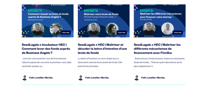 Exemple de module dédié aux webinaires par SeedLegals