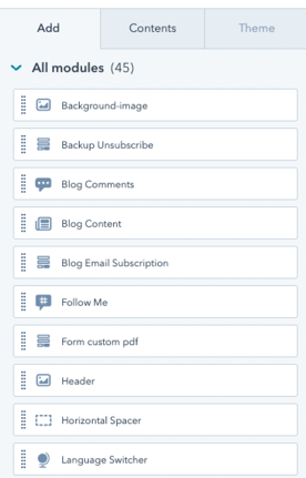 Exemple de modules dans la bibliothèque de HubSpot