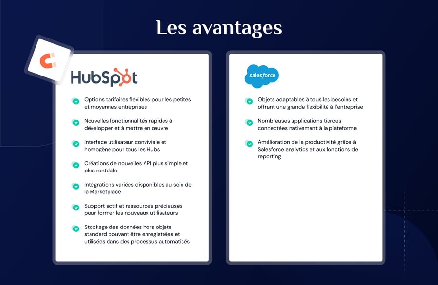 Tableaux illustrant les avantages des CRM HubSpot et Salesforce