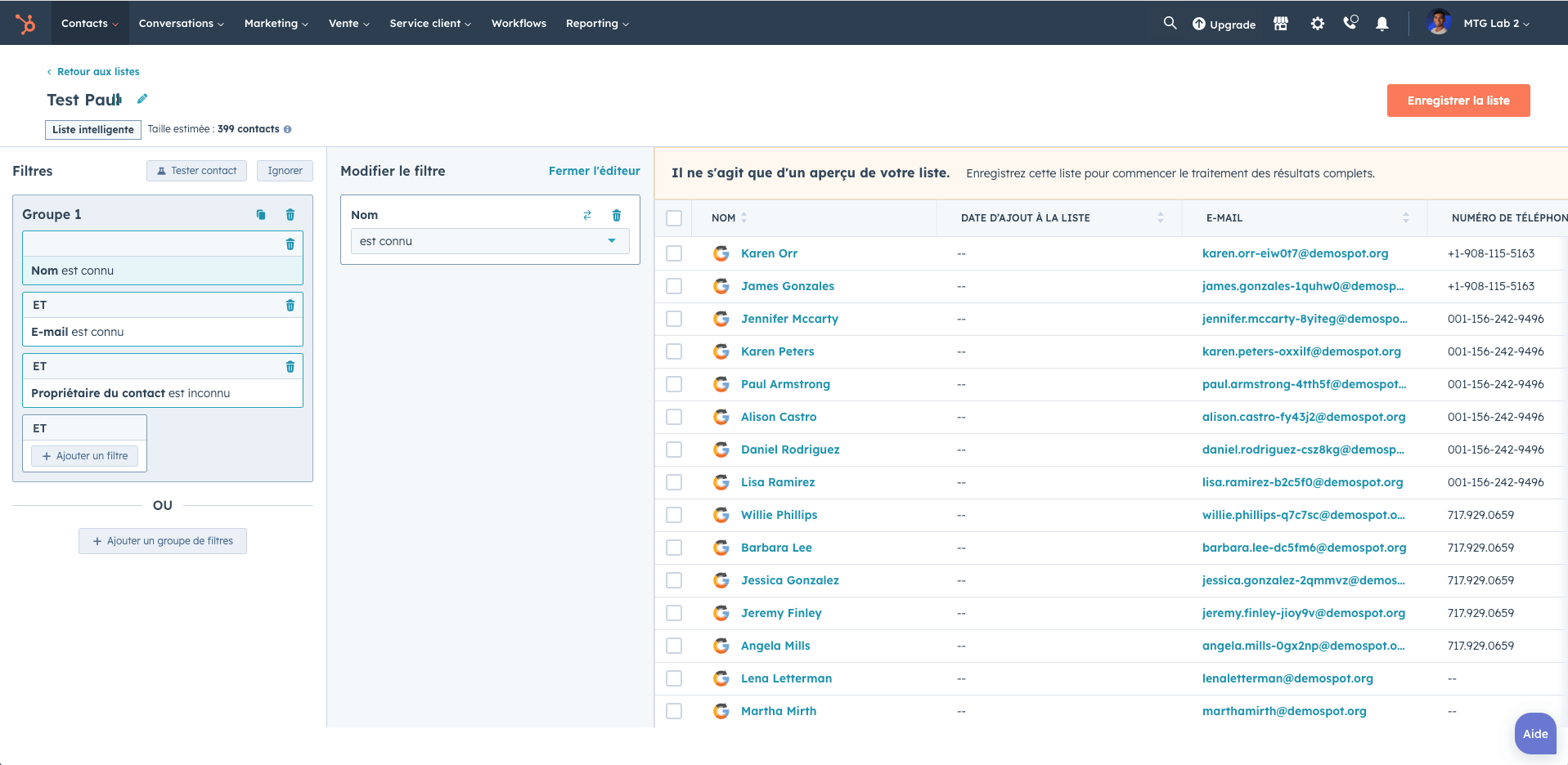 Capture écran sur les différents filtres possibles pour créer sa liste de contacts sur HubSpot.