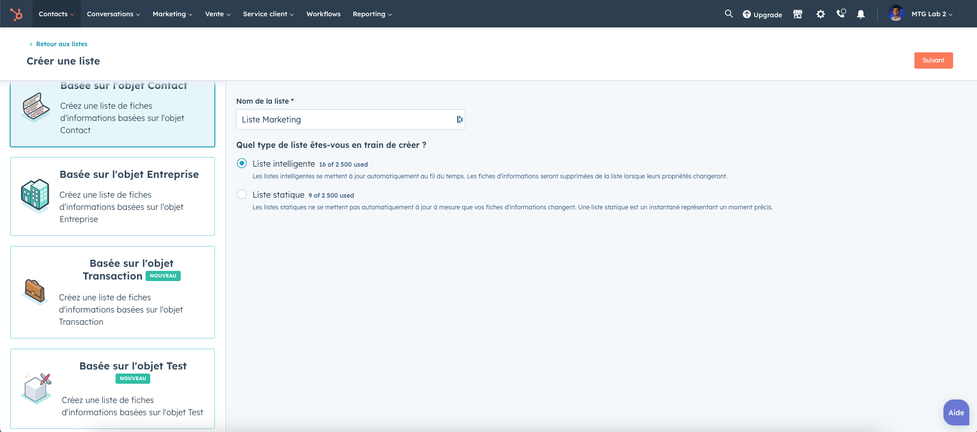 Capture écran de la creation de listes de contacts sur hubspot