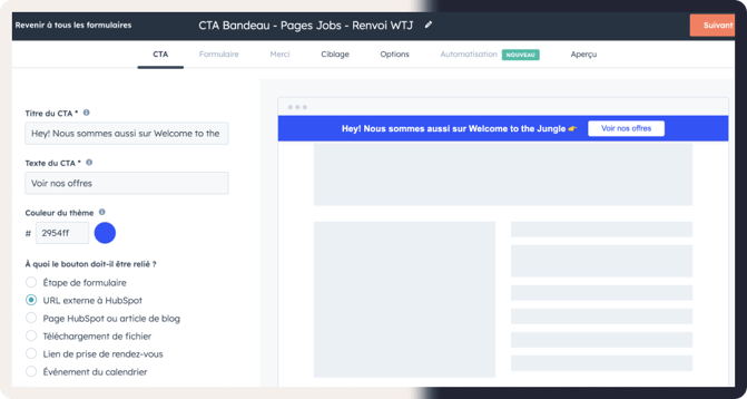 Exemple de bandeau pop up CTA à diffuser sur son site internet