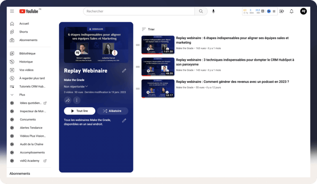 Exemple de playlist qui regroupe tous les webinaires sur une chaîne YouTube libre service 