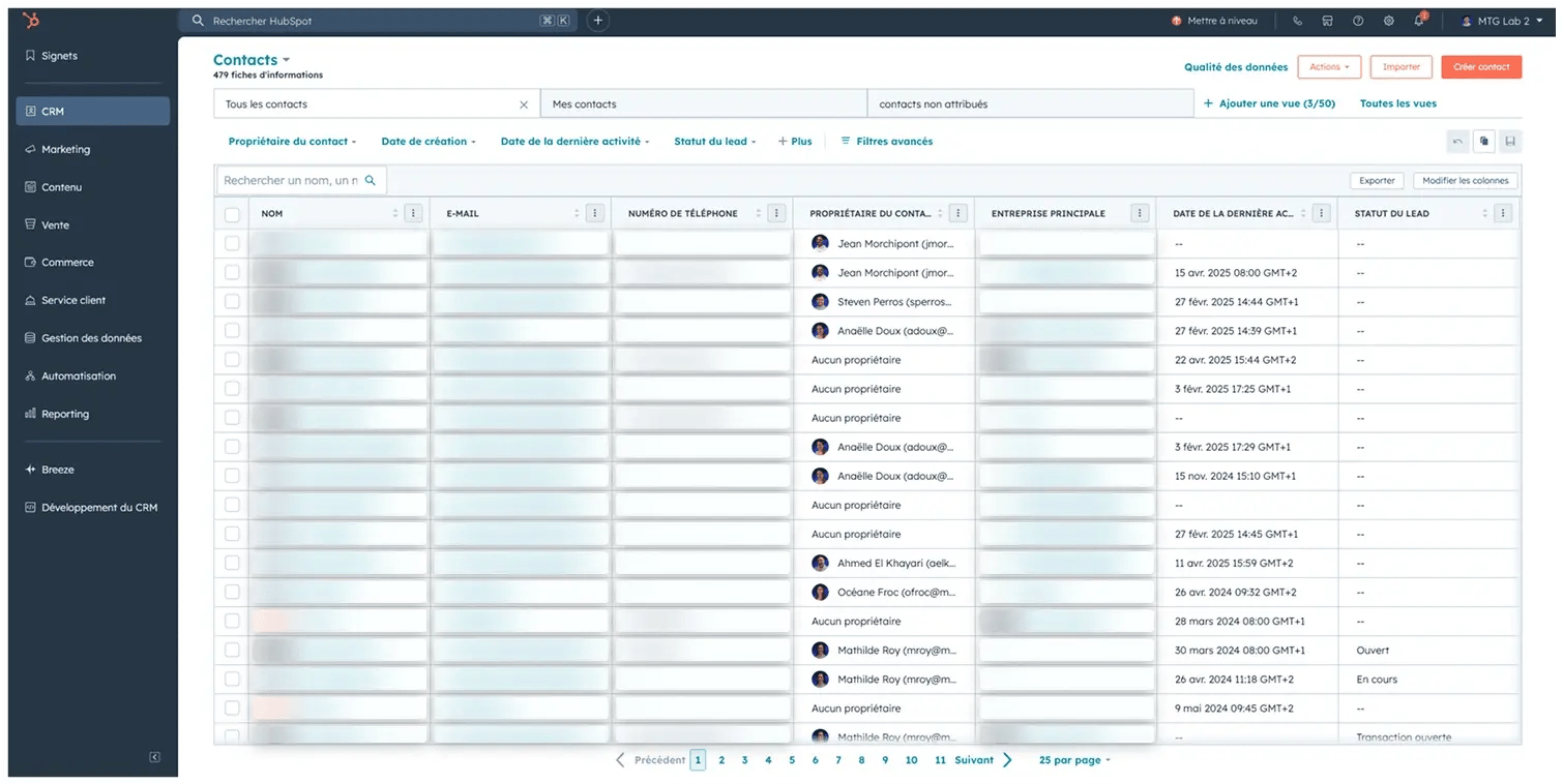 Screen de l'interface utilisateur d'HubSpot