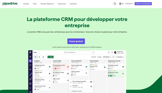 Image de la page d'accueil de Pipedrive
