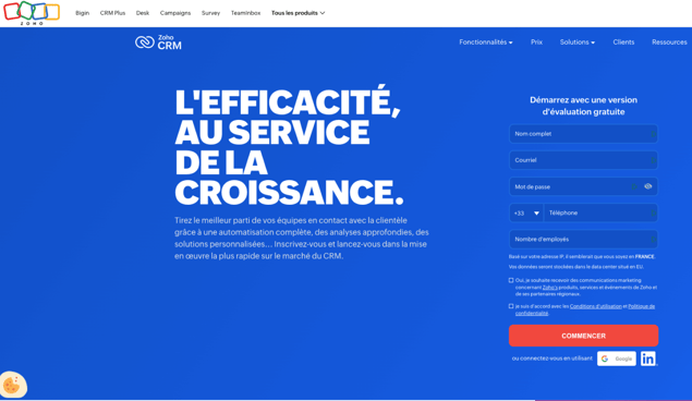 Image de la page d'accueil de Zoho