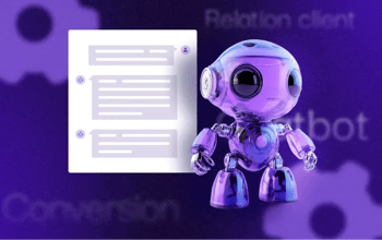 Cover illustrant un robot violet représentant un chatbot HubSpot, les mots clés relation client, chatbot et conversion sont présents en fond. Une icône de chat se trouve à gauche du robot.