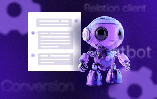 Cover illustrant un robot violet représentant un chatbot HubSpot, les mots clés relation client, chatbot et conversion sont présents en fond. Une icône de chat se trouve à gauche du robot.