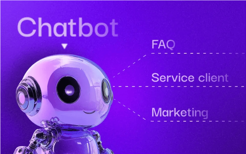 Illustration d'un robot violet représentant un chatbot HubSpot avec les trois déclinaisons de chatbots : FAQ, Service client et Marketing.