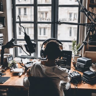 Image réaliste générée par l'IA de HubSpot d'un homme qui écoute un podcast assis sur son bureau.