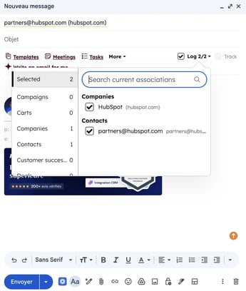 Visuel qui montre comment logguer les emails avec l'intégration gmail/outlook