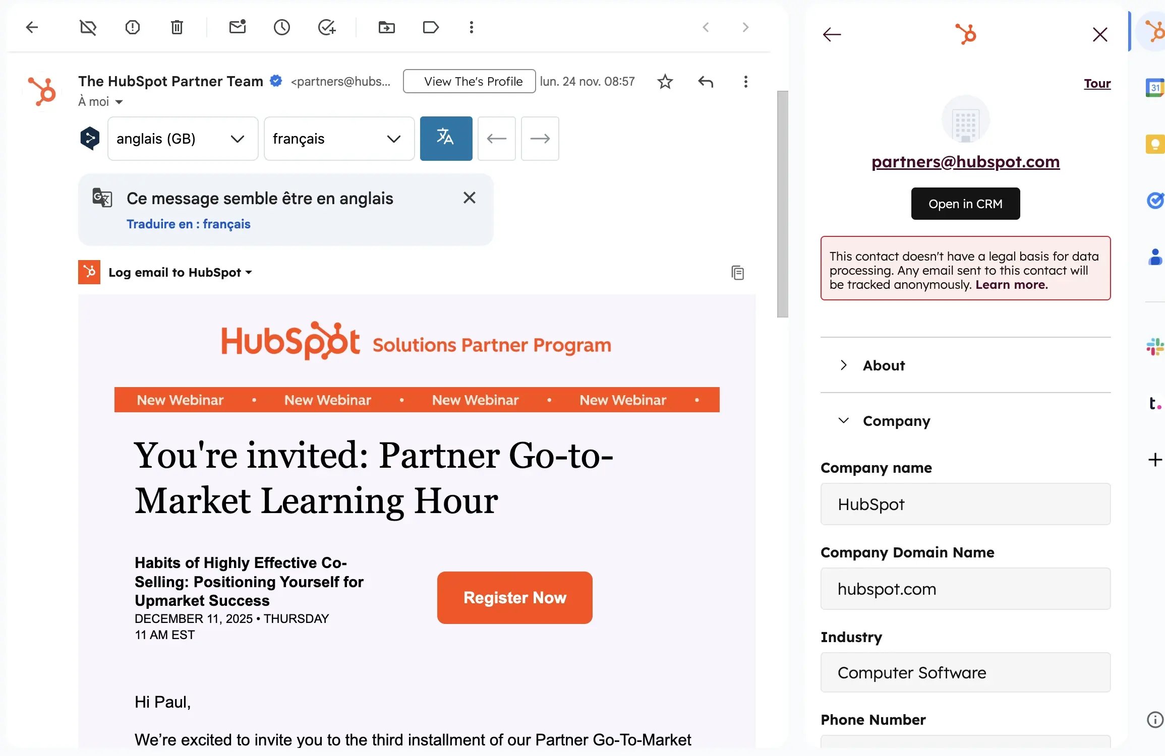 Visuel qui montre l'intégration du CRM HubSpot directement dans la boîte mail de l'utilisateur.