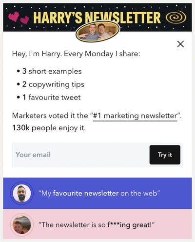 Image d'une preuve-sociale sur un formulaire de contact pour une newsletter