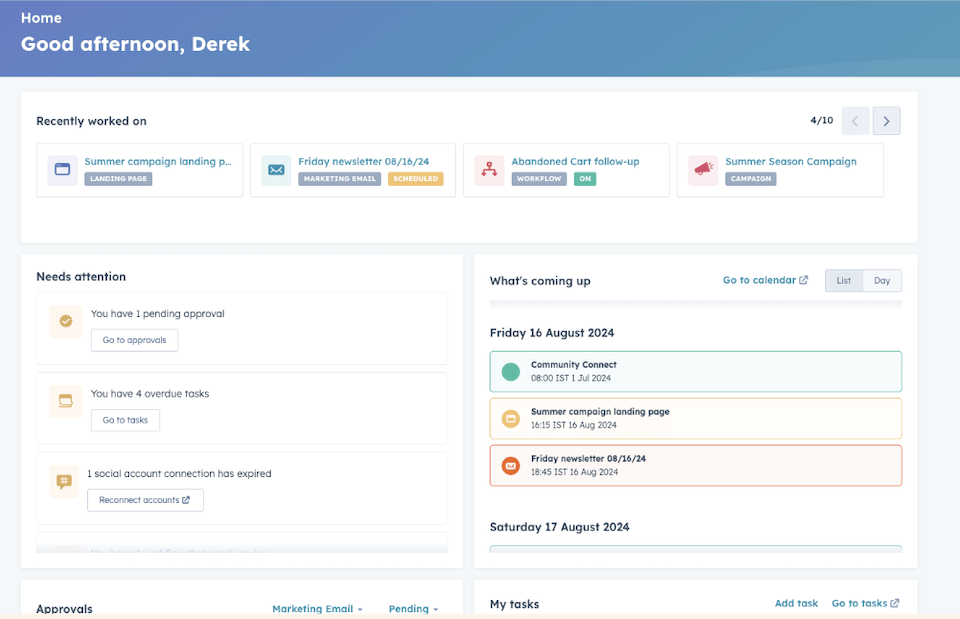 Vue depuis le nouvel Accueil Marketing dans le Marketing Hub HubSpot