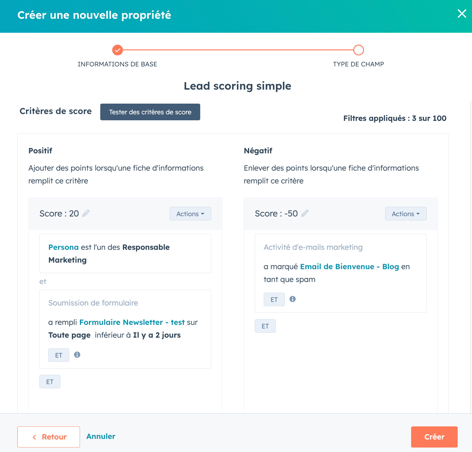 Capture écran d'un exemple de paramétrage de lead scoring sur HubSpot