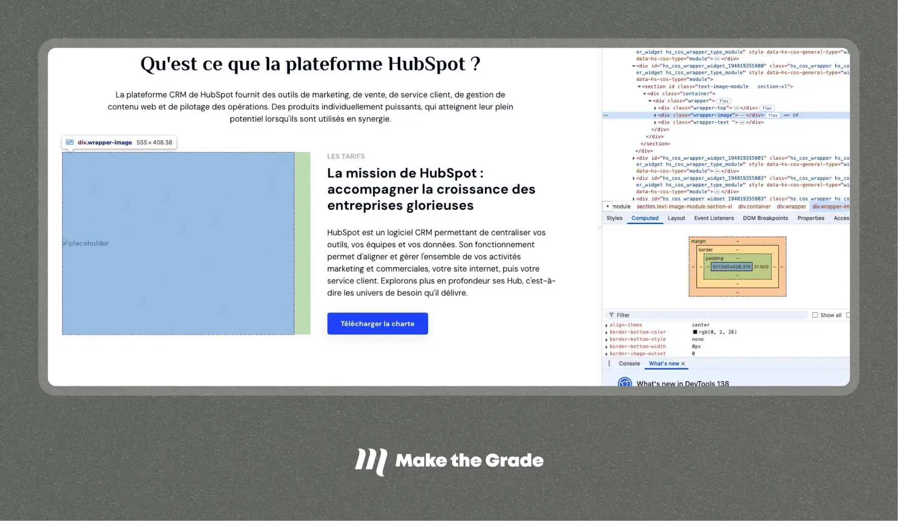 Visuel d'une capture écran de l'inspecteur de navigateur pour trouver les dimensions d'un encart image