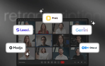 Illustration des outils de retranscriptions cités sur fond de meeting vidéo d'une équipe