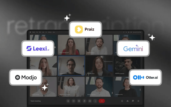 Illustration des outils de retranscriptions cités sur fond de meeting vidéo d'une équipe